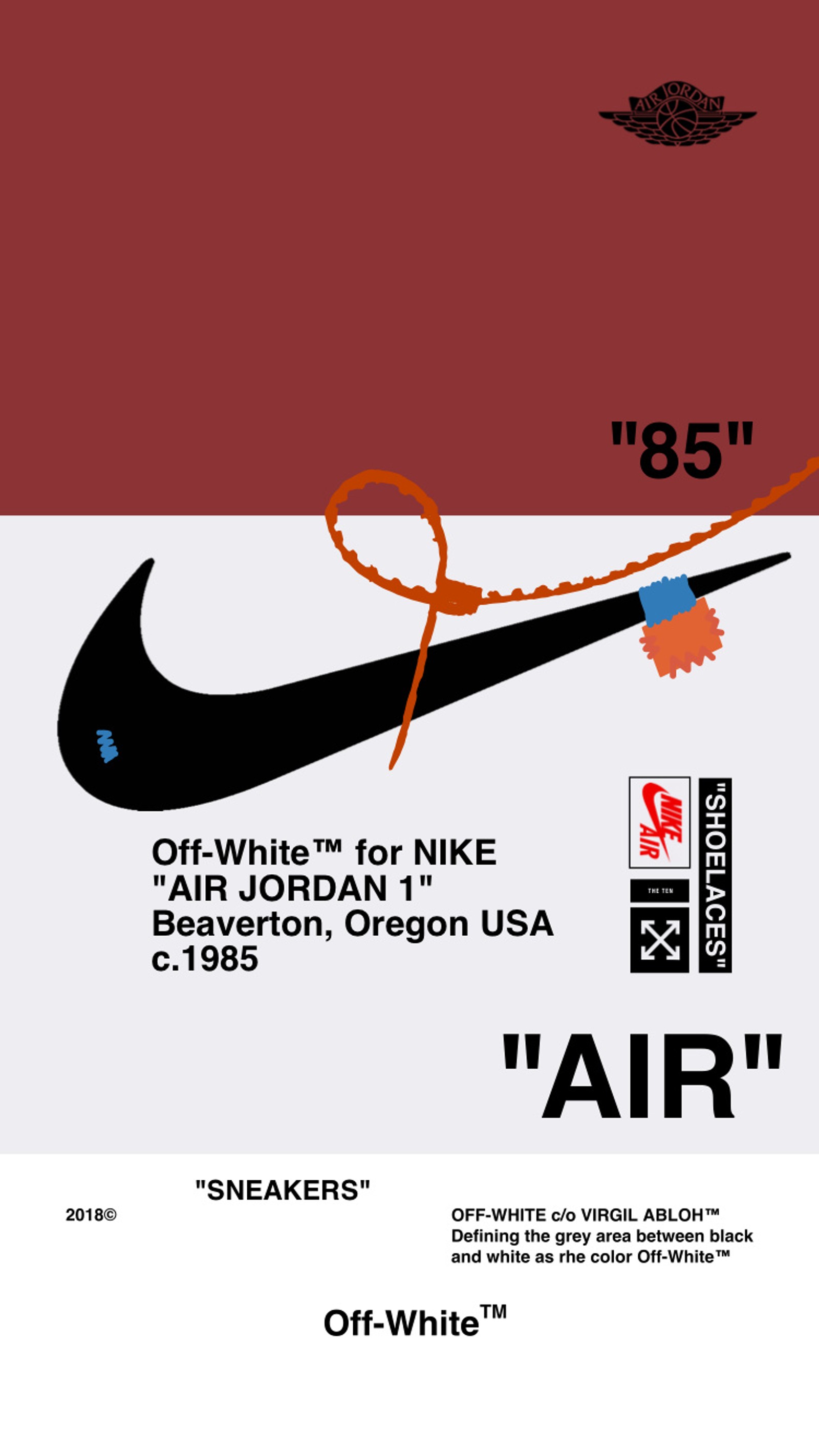 Logo nike air em um fundo vermelho e branco com uma fita vermelha (off white, jordan, ar, nike, hypebeast)