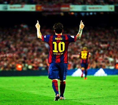 Lionel Messi celebrando un gol con la icónica camiseta del Barcelona