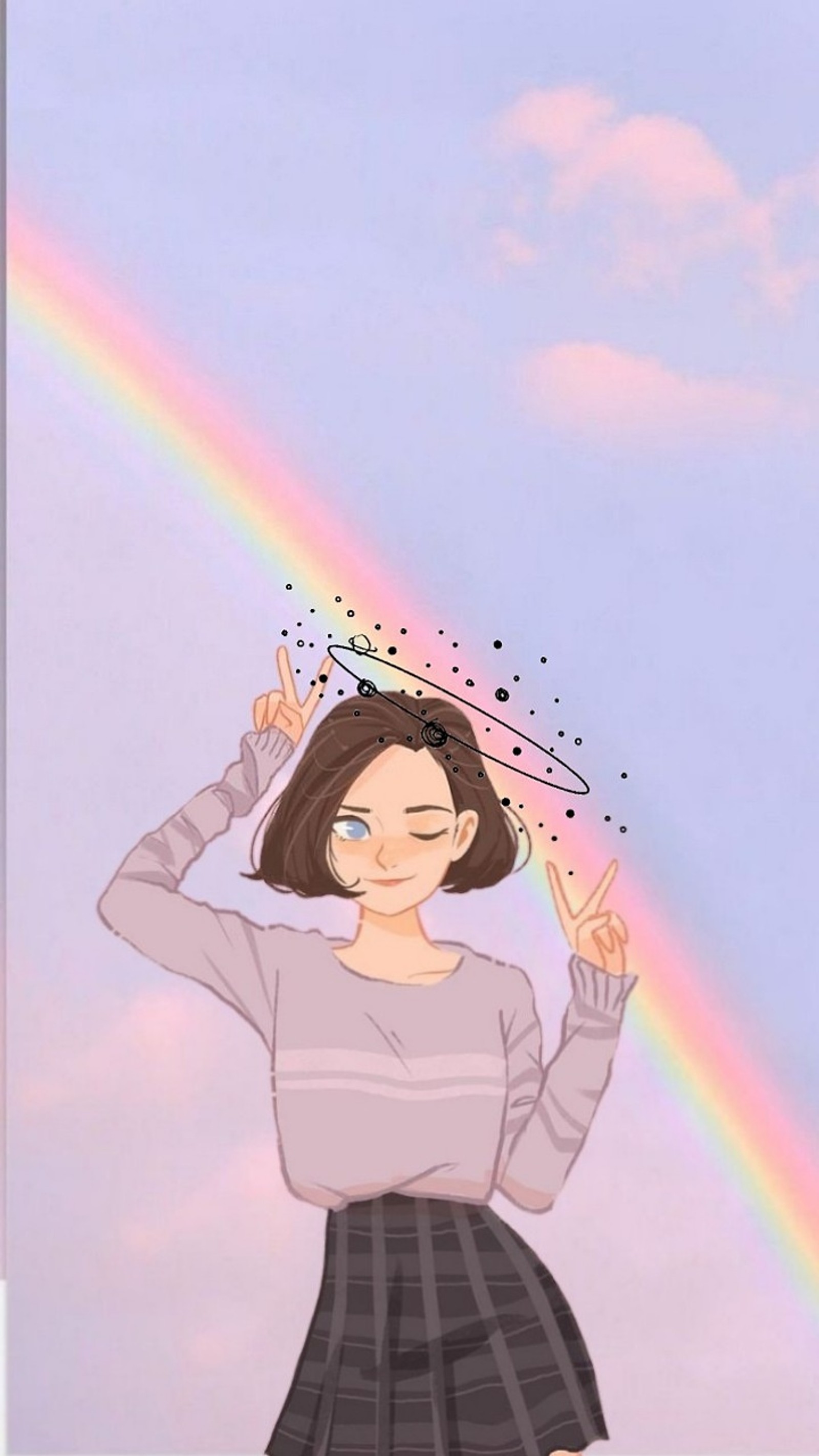 Gros plan d'une personne avec un arc-en-ciel dans le ciel (super, tumblr)