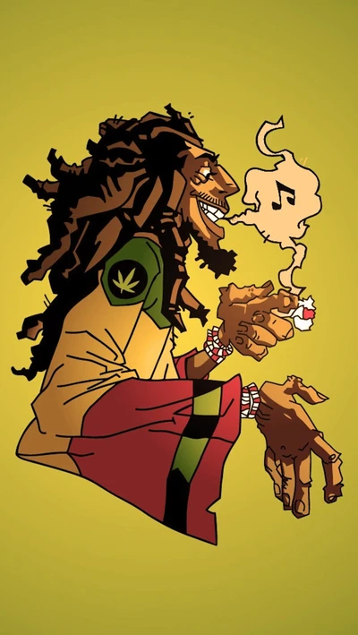 Une illustration vibrante d'un musicien de reggae avec des dreadlocks, profitant d'une cigarette et entouré de notes de musique.