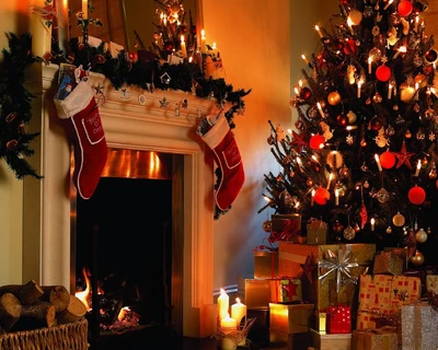 Cozy Christmas Scene with Fireplace, Tree, and Stockings