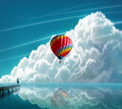 Colorful hot air balloon ascending above serene waters, reflecting clouds and sky.