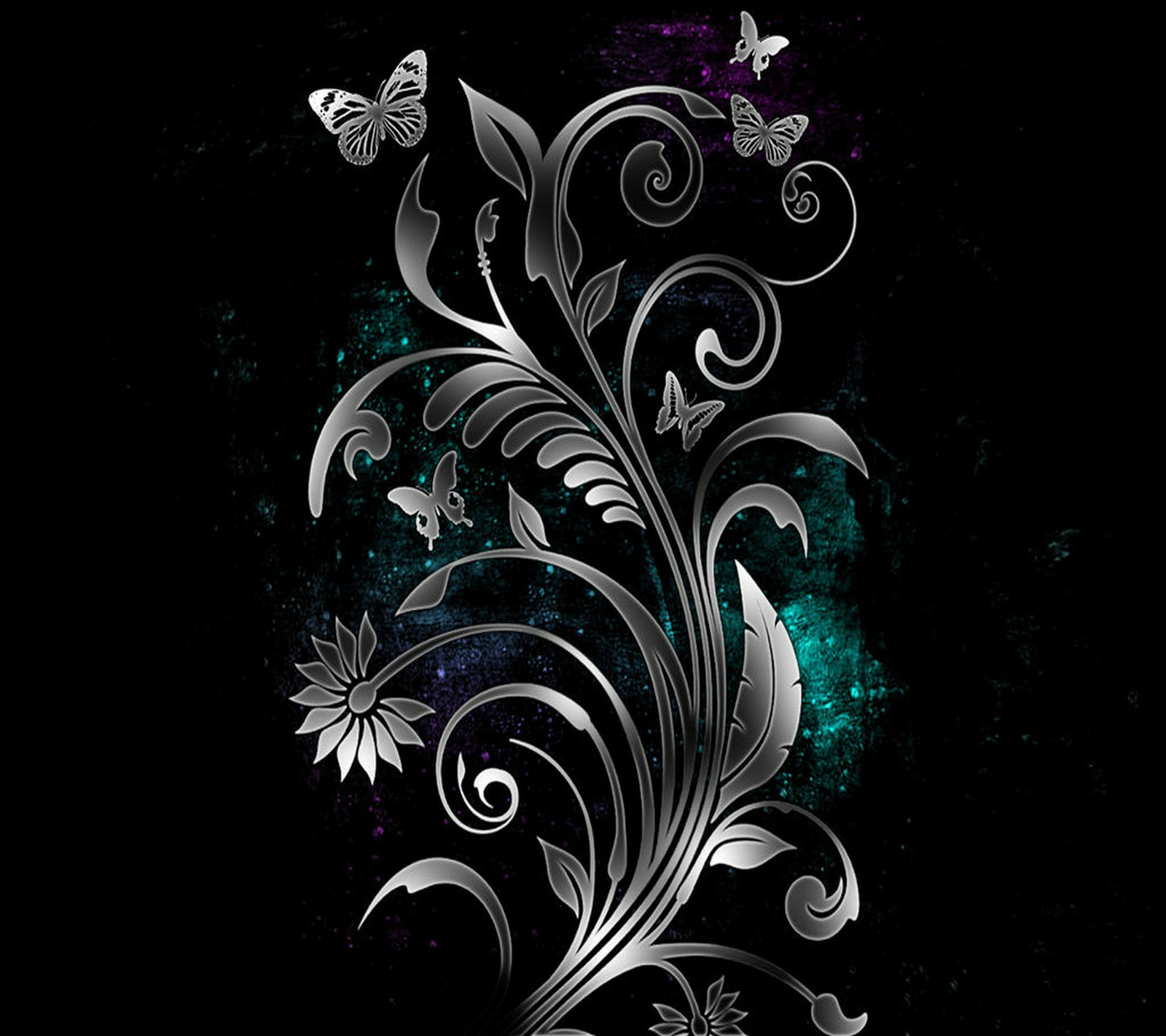 Un fondo negro con flores plateadas y mariposas (negro, mariposa, diseño)