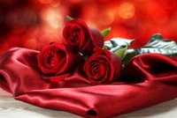 Three Red Roses on Silk for You