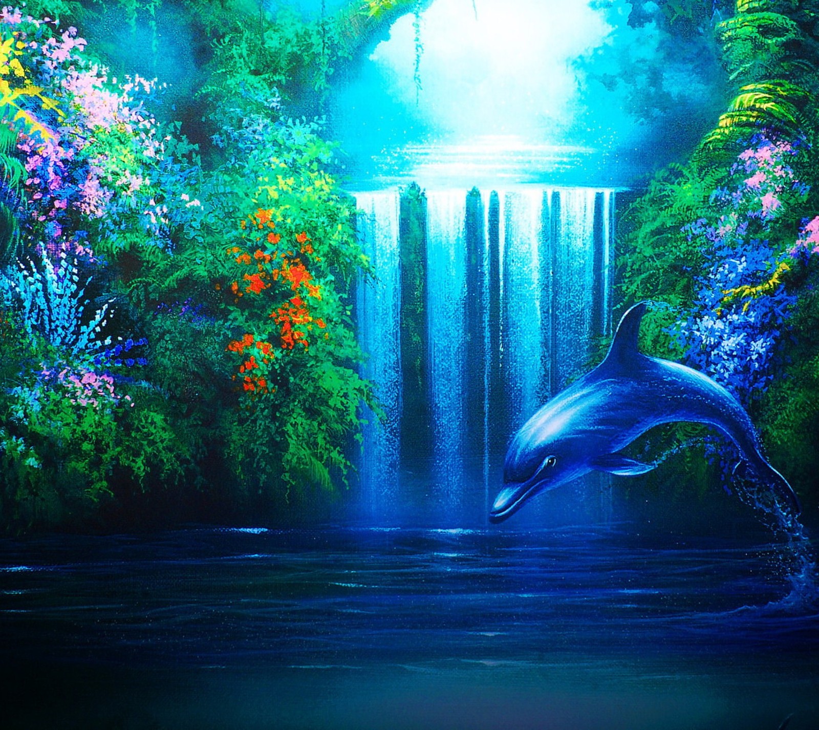 Painting of a dolphin jumping out of the water in front of a waterfall (dolphin, nature waterfall)