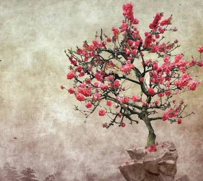 Pink Blossom Tree on a Rocky Outcrop