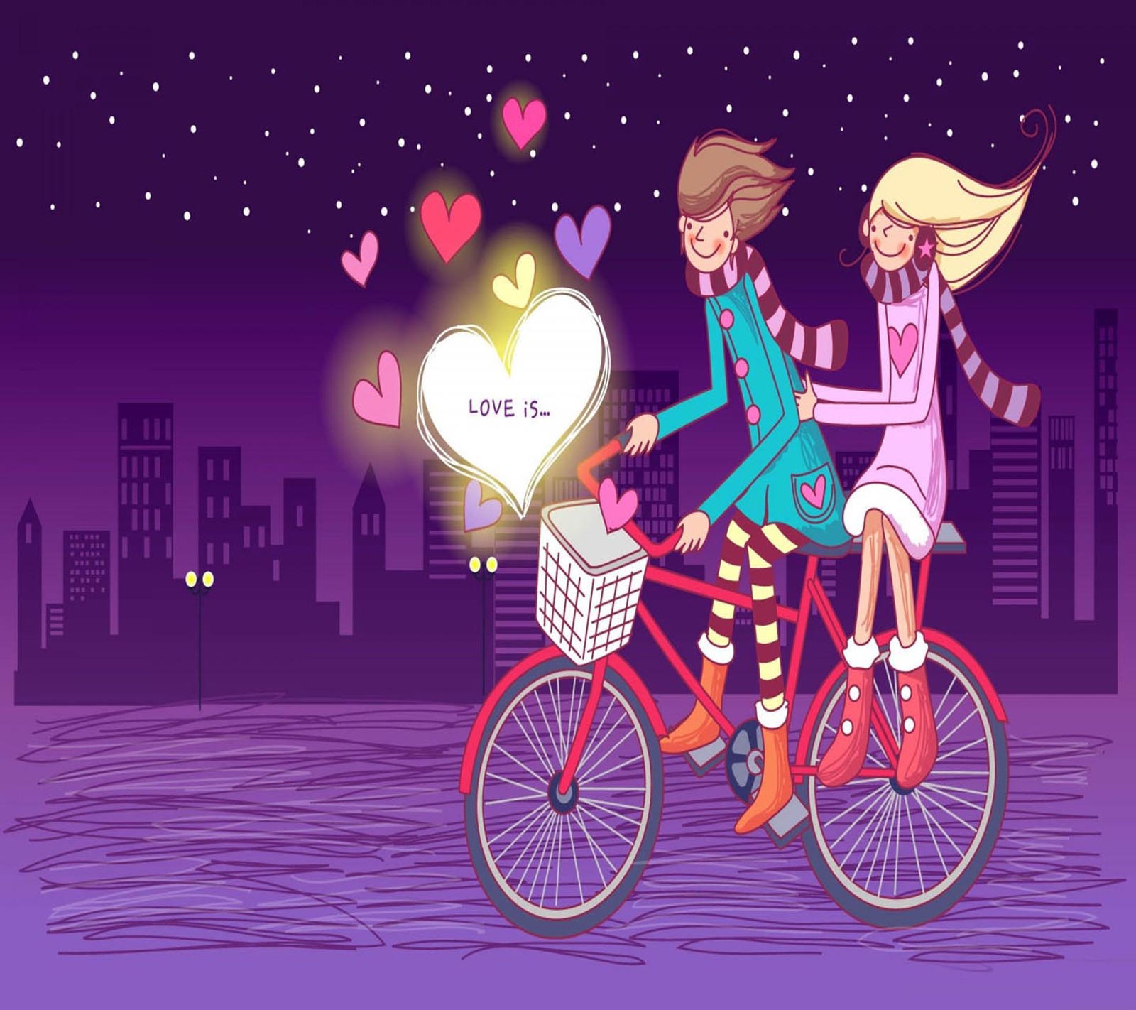 Illustration de dessin animé d'un couple faisant du vélo en ville (génial, amour)