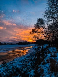 Скачать обои облако, река, river snow sunset cloud, снег, закат