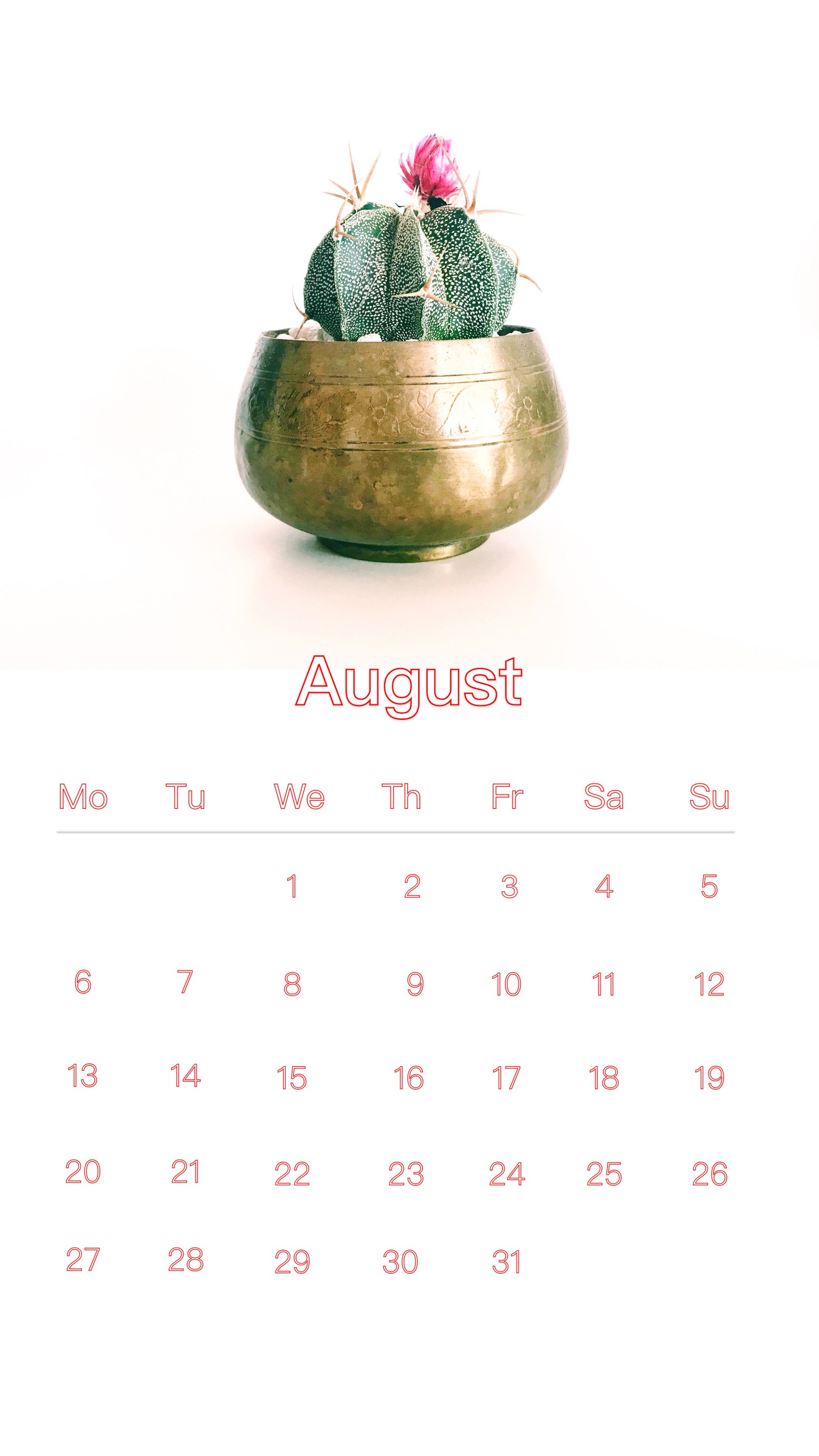 Calendar with a cactus in a gold pot on a white background (august, cal, calendar, zedgeaugcal18)