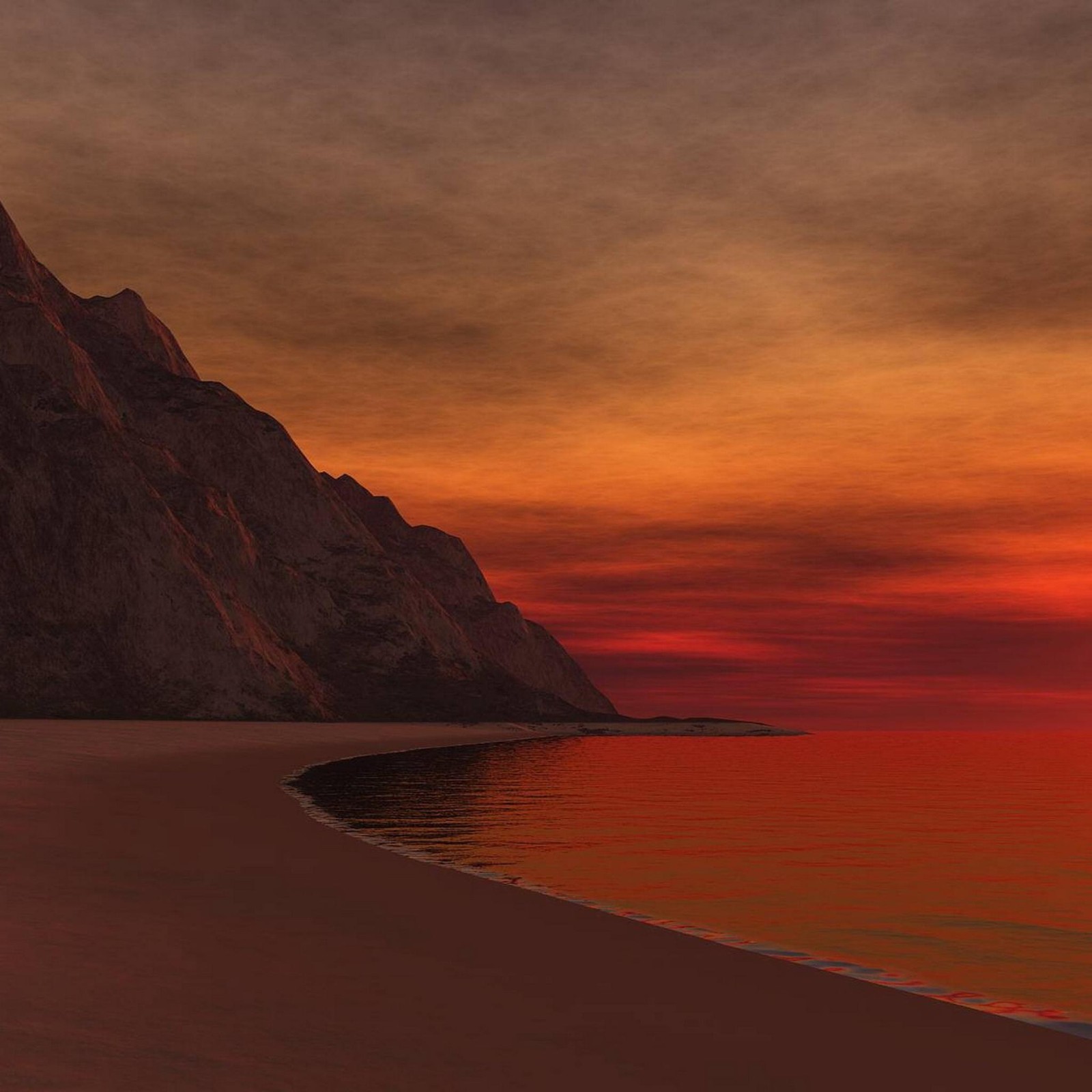 Coucher de soleil sur la plage avec une montagne en arrière-plan (beau, coucher de soleil)