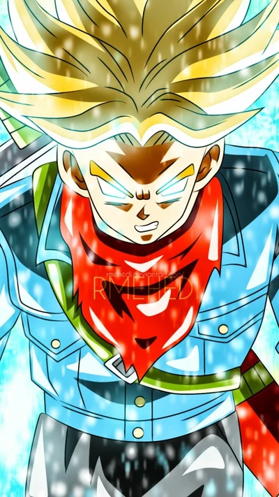 Trunks na forma Super Saiyajin com bandana vermelha e jaqueta azul