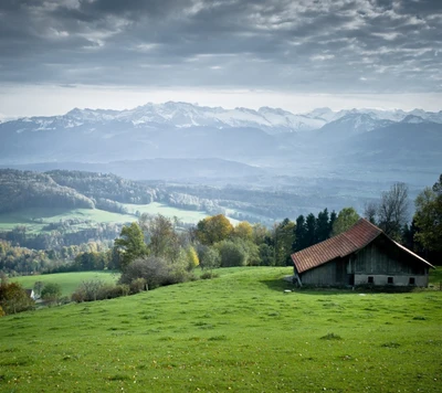 herbe, vert, maison, paysage, montagnes