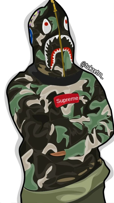 Hoodie stylisé de la collaboration Bape x Supreme avec design emblématique de requin