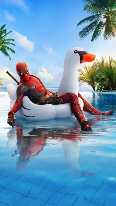 Deadpool, der auf einem Schwanenfloat in einem tropischen Pool entspannt