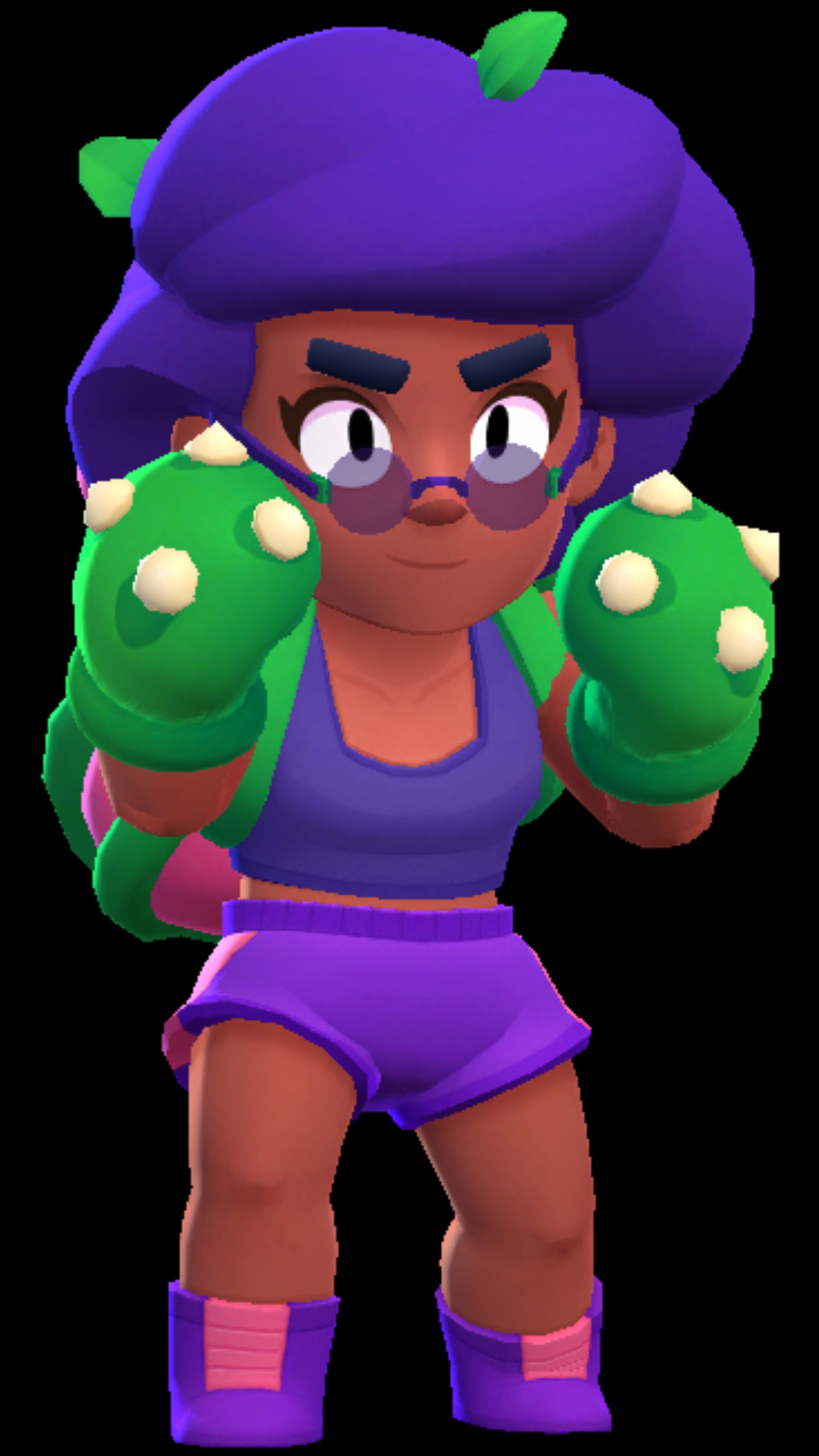 Un personaje de dibujos animados con un sombrero morado y pantalones cortos morados sosteniendo dos manos verdes (brawl stars, pelea, rosa)