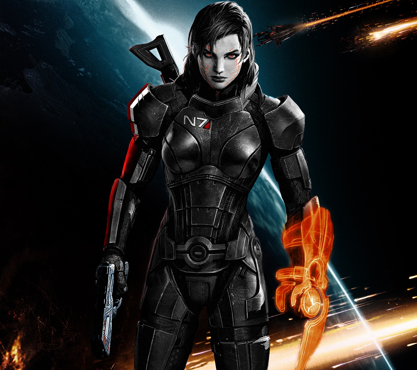 Imagem árabe de uma mulher em um traje futurista segurando uma arma (comandante, femshep, mass effect, renegado, shepard)