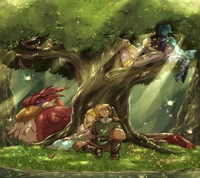 Link et ses amis se reposent sous le Grand Arbre à Skyloft