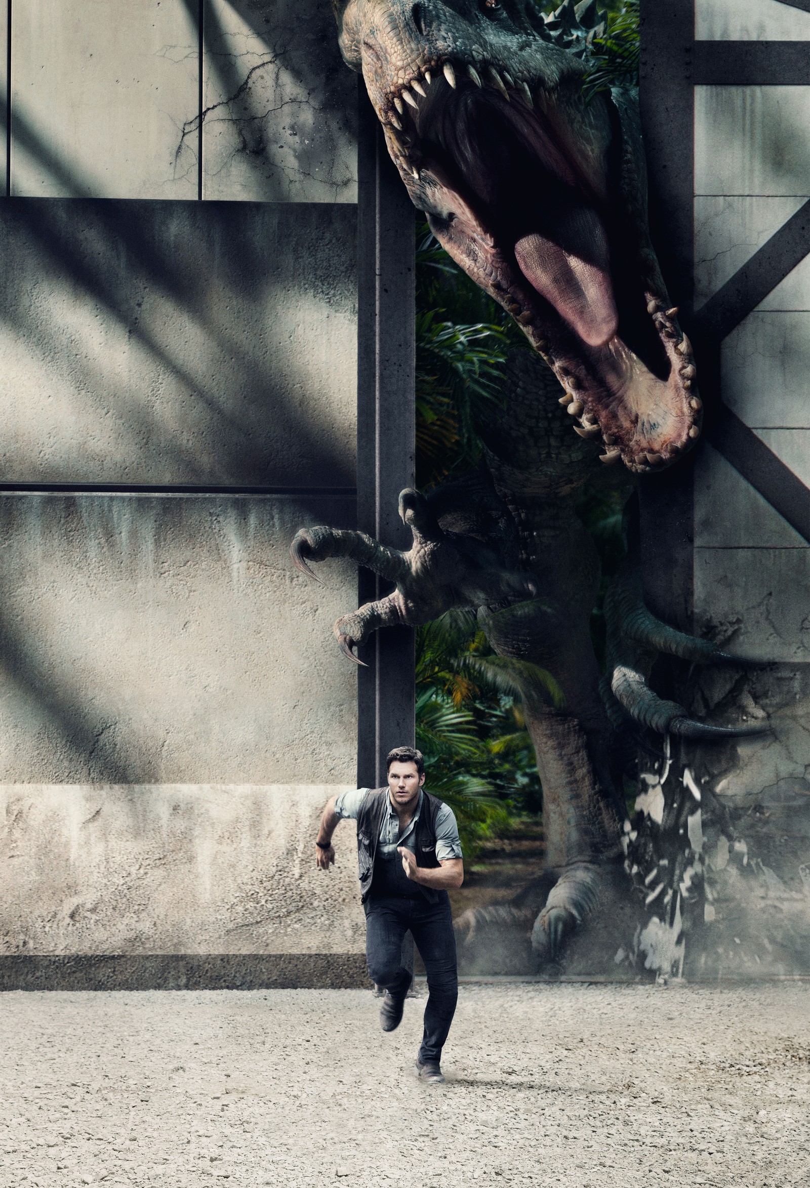 Un hombre corriendo frente a una estatua de dinosaurio (hd, mundo jurásico, jurassic world, película, parque)