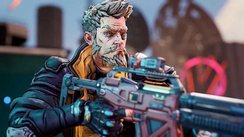 Крупный план человека с оружием на фоне здания (зейн, zane, borderlands 3, видеоигра)