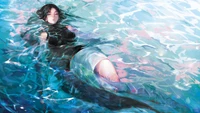 Fille d'anime flottant sereinement dans l'eau