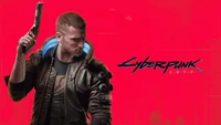 V from Cyberpunk 2077, equipped with a gun and wearing a futuristic jacket, stands against a vibrant red background.