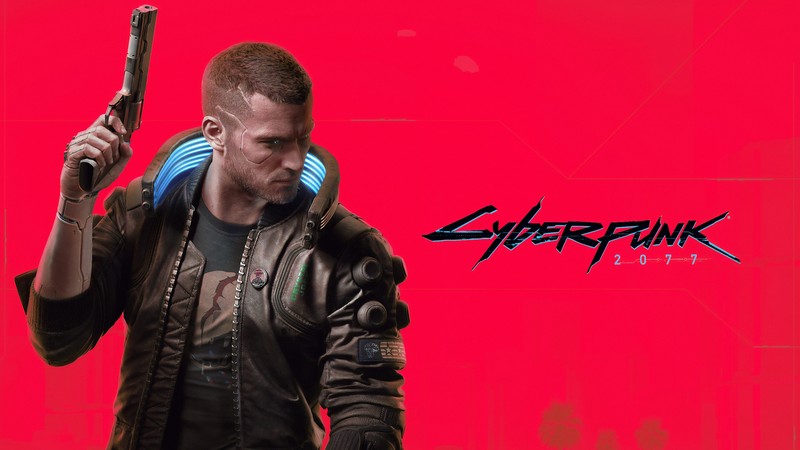 Мужчина с оружием на фоне красного (cyberpunk 2077, видеоигра, v)