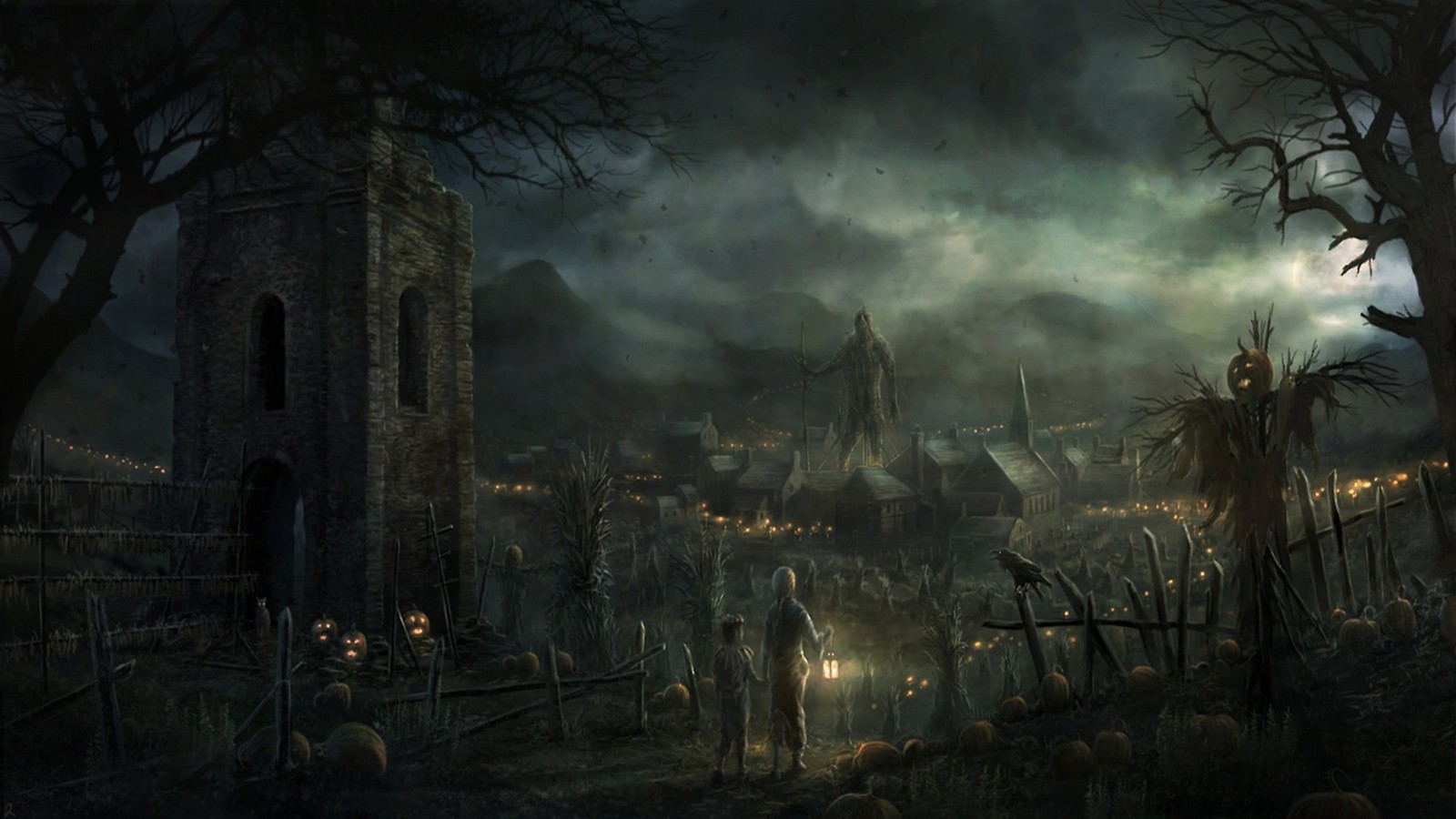 A dark and eerie scene of a cemetery with a cemetery and graveyard (art, artist, darkness, painting, atmosphere)