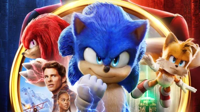 Póster de la película "Sonic the Hedgehog 2" con Sonic, Knuckles, Tails y el elenco