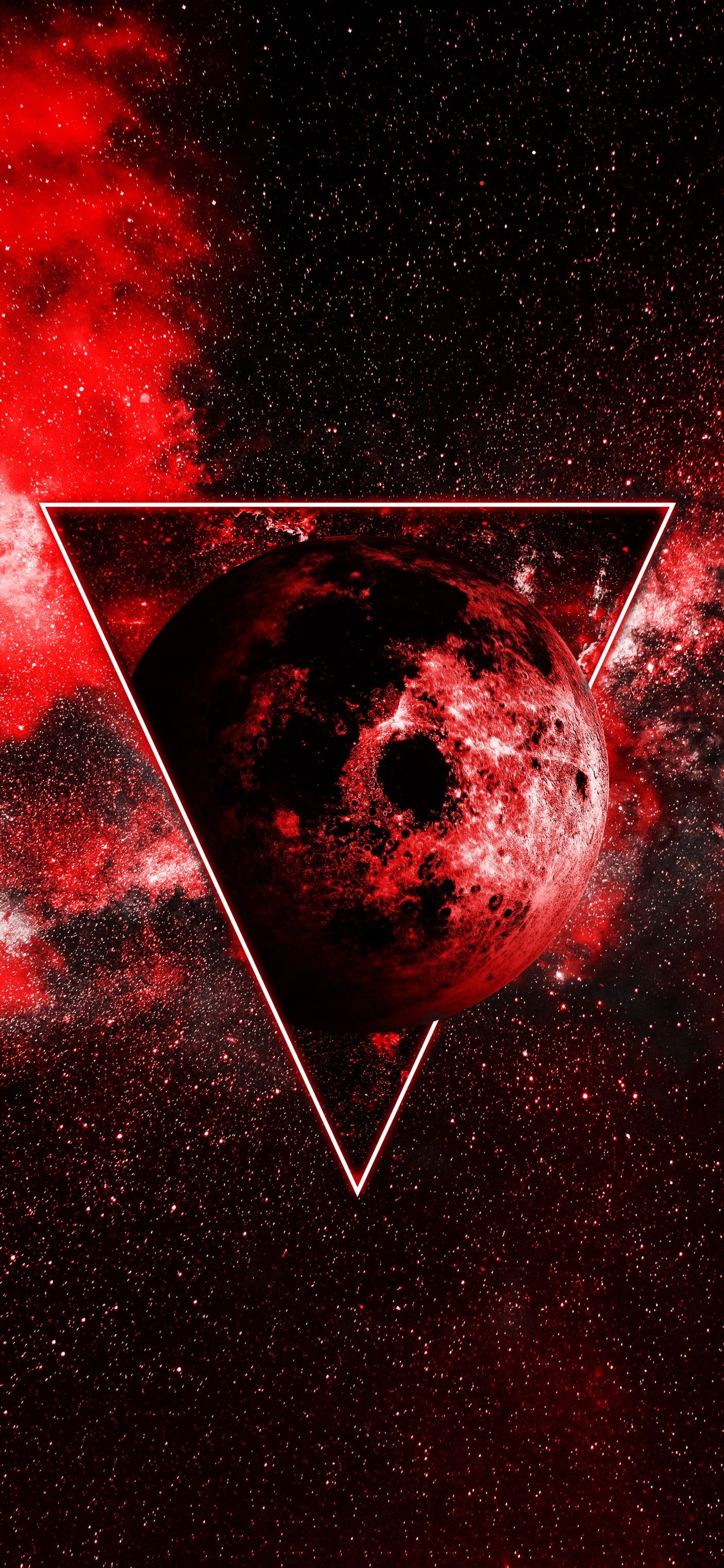 A close up of a triangle with a red background and a red galaxy (nebula, astronomical object, galaxy, science, star)