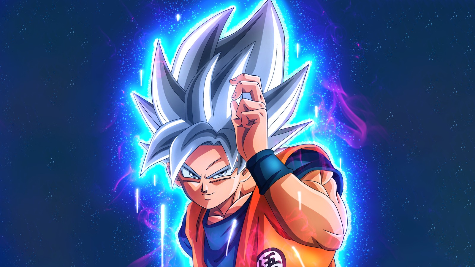 Una imagen de dibujos animados de un joven gohan con un fondo brillante (goku, super saiyan, dragon ball, azul, anime)