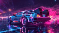 Neon Delorean Time Machine in a Futuristic Nightscape