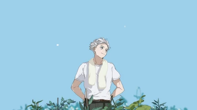 Hajime Umemiya in einer Windbrecher-Szene inmitten üppigem Grün