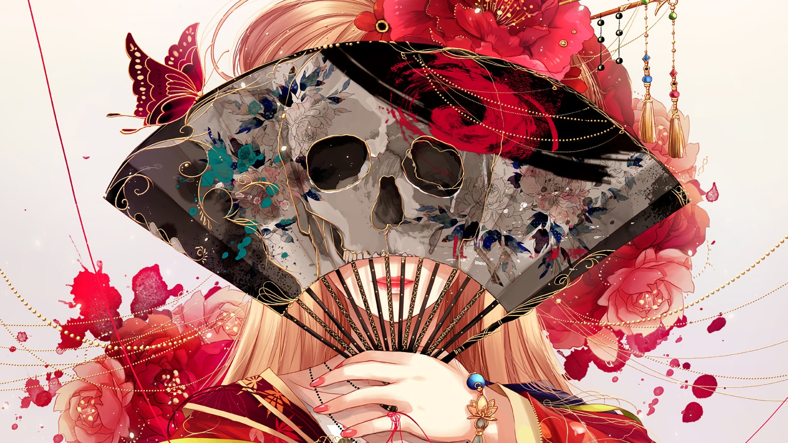 Chica anime con un abanico y un cráneo en la cabeza (calavera, fan, anime, chicas, kimono)