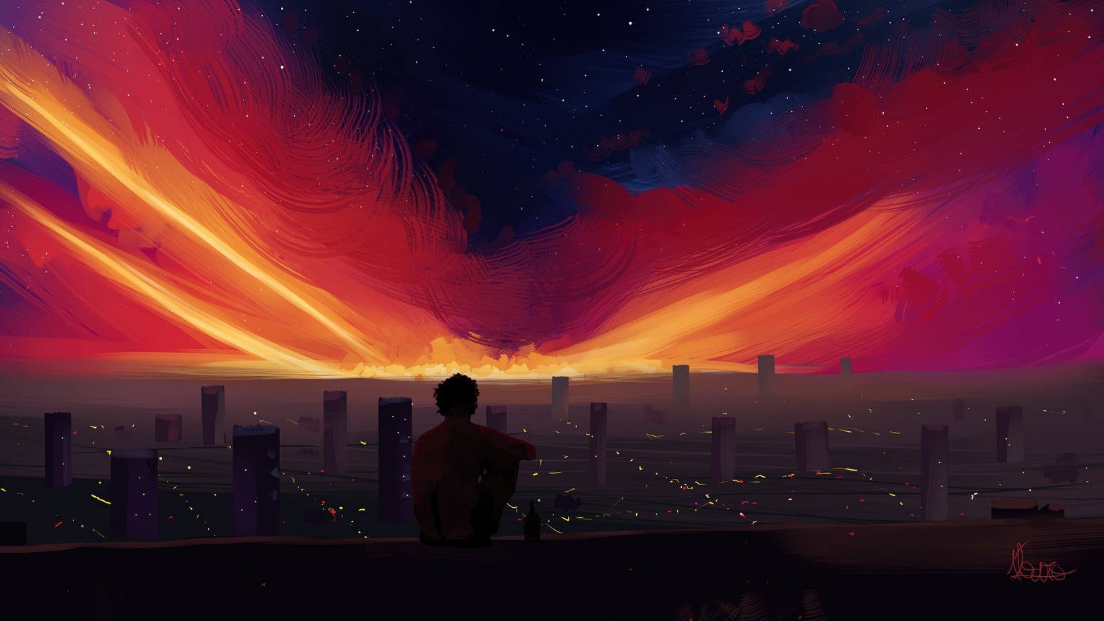 sunset, alone, city, digital art, scenery wallpaper