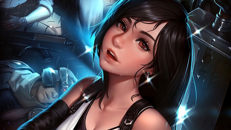 Крупный план женщины с оружием в комнате (тифа локхарт, tifa lockhart, final fantasy vii remake, final fantasy 7 remake, ffvii)