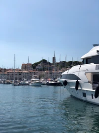 Luxusyachten liegen in einer lebhaften Marina mit malerischem Hafenblick.