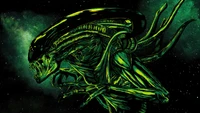 Xenomorfo verde vívido na escuridão cósmica