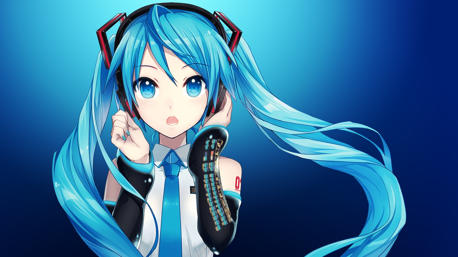 Un gros plan d'une personne avec de longs cheveux bleus et des écouteurs (hatsune miku, écouter de la musique, casque, fille japonaise, fille danime)