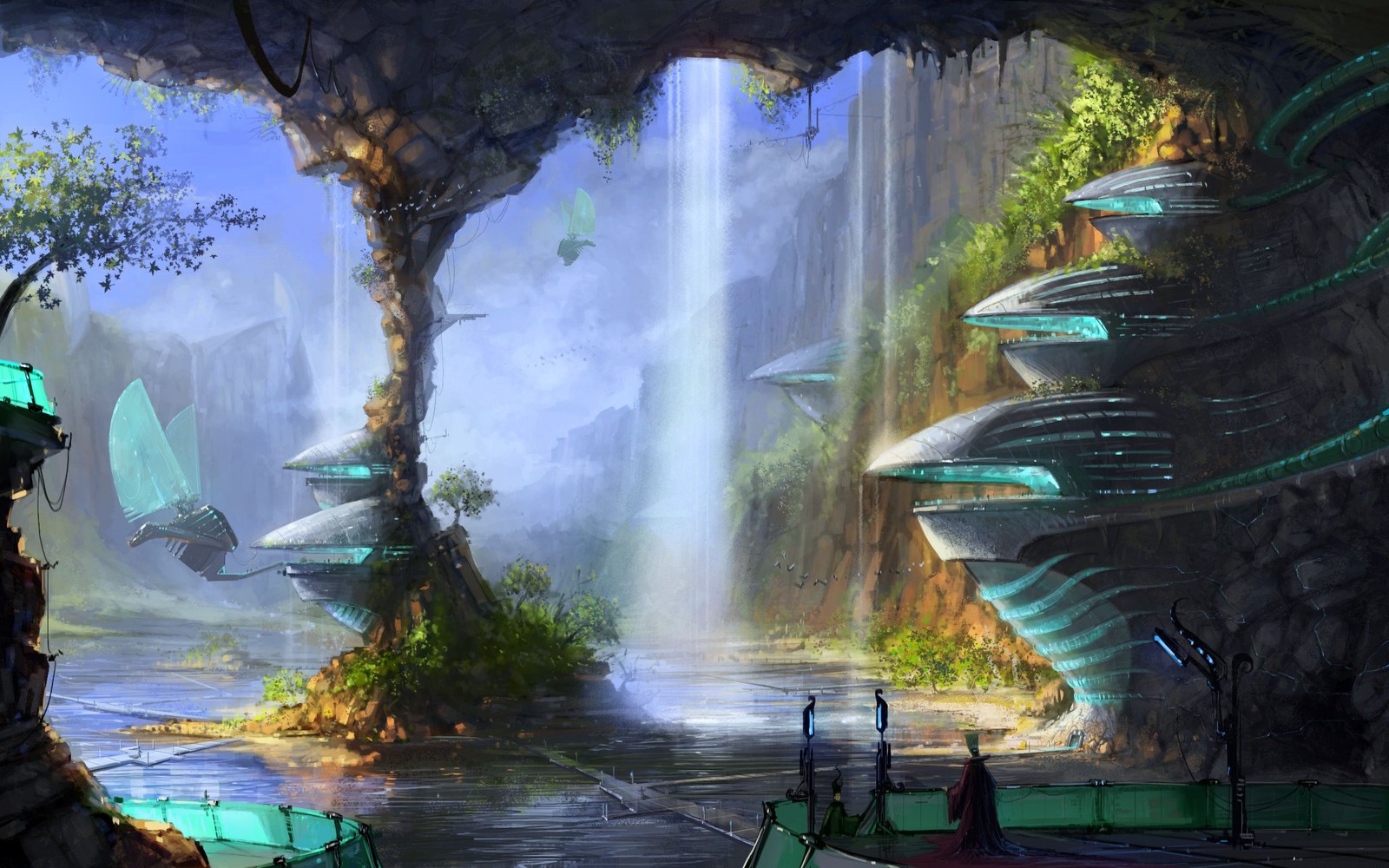 Ein gemälde eines wasserfalls mit einem boot darin (fantasie, science fantasy, wasserfall, science fiction, natur)