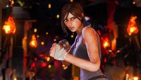 Lara Croft lista para la batalla en una arena inspirada en Fortnite