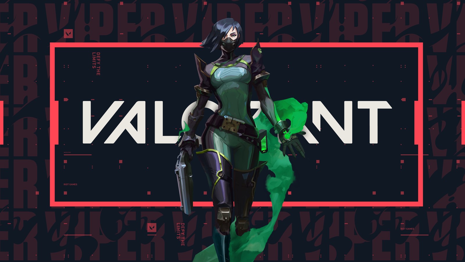 A woman in a green outfit standing in front of a black background with the words valornt (valorant, video game, viper)