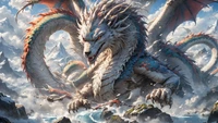 Majestuoso dragón blanco en medio de un paisaje de fantasía montañoso