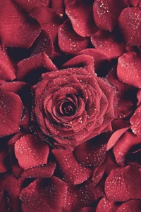 Close-Up of a Vibrant Red Rose Surrounded by Petals with Dew Drops