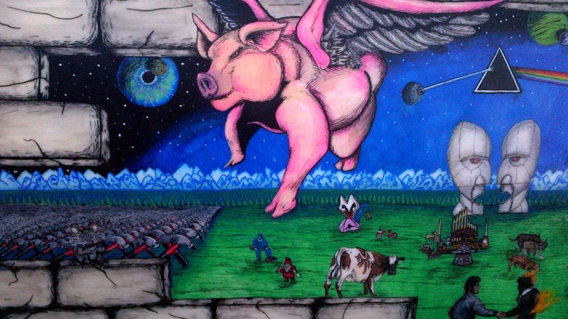 Pintura de um porco voando sobre um campo com um homem e uma vaca (pink floyd, a parede, arte, grafite, arte de rua)