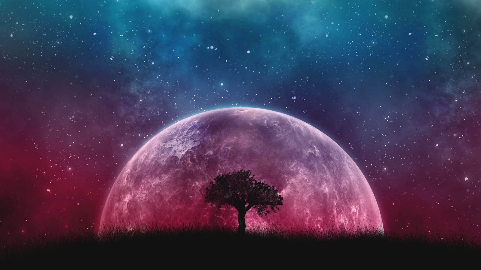 Un árbol solitario se alza frente a una luna llena con un cielo rojo (galaxia, naturaleza, atmósfera, evento celestial, universo)