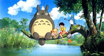 Satsuki and Mei enjoying a peaceful moment with Totoro on a tree branch by a serene pond.