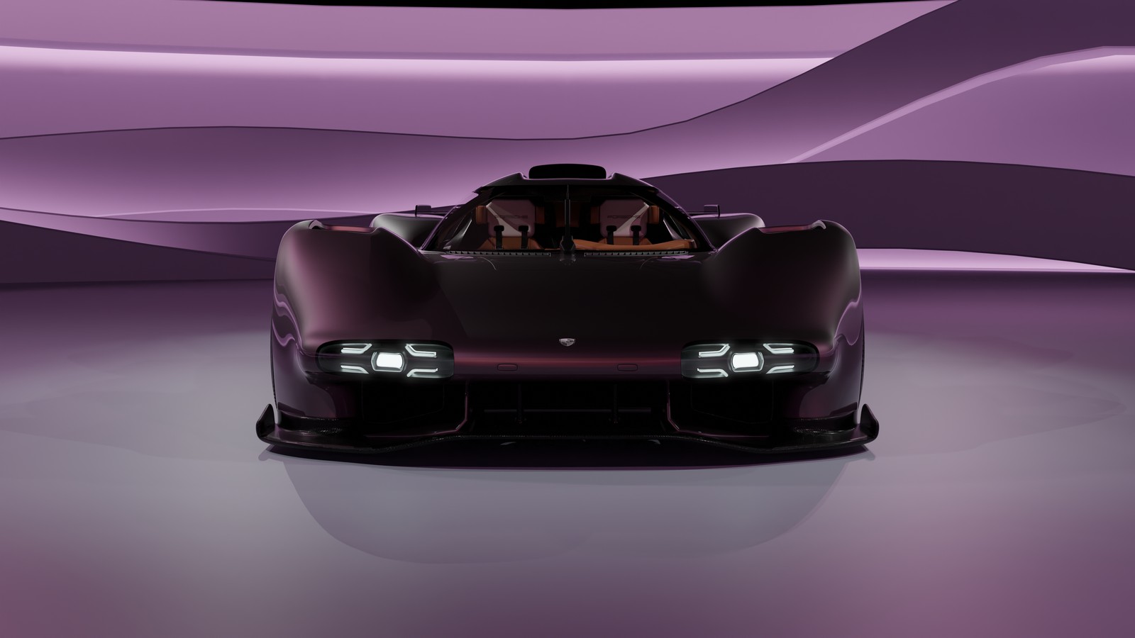 Un gros plan sur une voiture violette avec deux personnes à l'intérieur (porsche 963, voitures conceptuelles, esthétique pourpre, le mans hypercar, voitures)