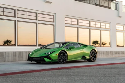 Lamborghini Huracán Tecnica 2023 en un verde llamativo, exhibido contra un fondo arquitectónico moderno al atardecer.