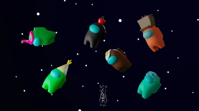 Un groupe de camarades 3D colorés du jeu "Among Us" flottant dans l'espace.