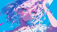 Lebendige Anime-Mädchen mit Sonnenbrille vor einem hellblauen Hintergrund